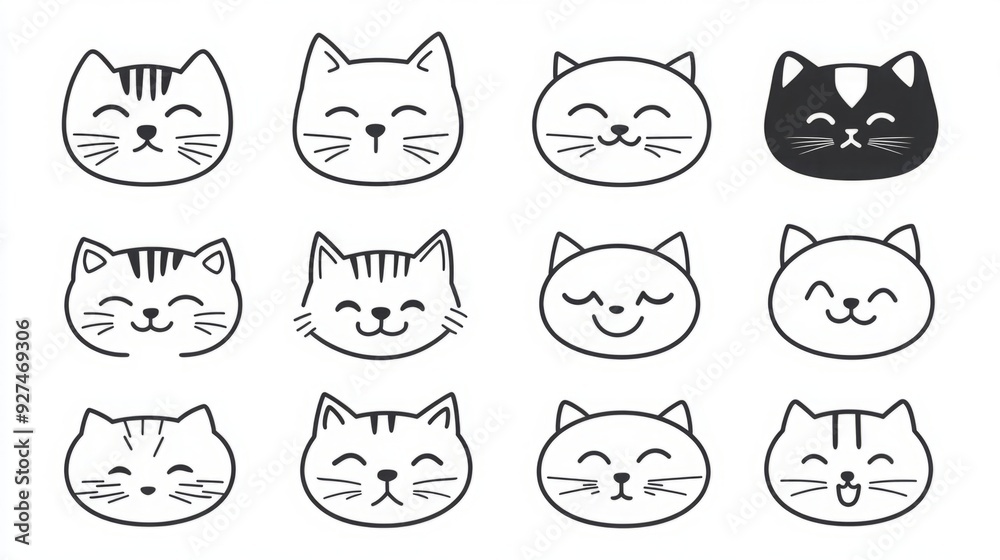 Adorable Cat Emoticons Collection: High-Definition Black and White Vector Line Drawings in Large Format Adorable Cat Emoticons Collection: High-Definition Black and White Vector Line Drawings in Large Format