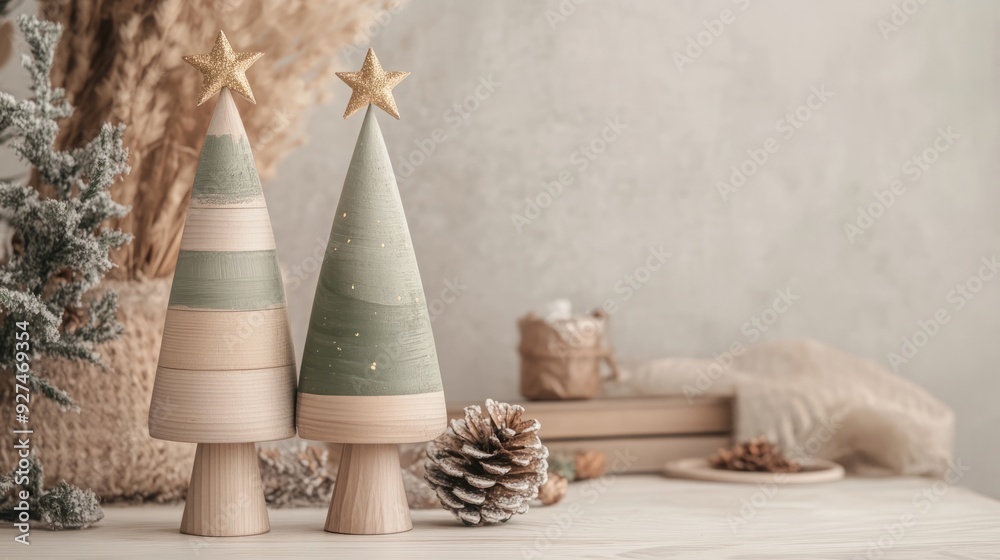 Modern Christmas Tree Figurines in Boho Style: Tall Wooden Sculptures with Star Toppers, Neutral Background for Product Photography Modern Christmas Tree Figurines in Boho Style: Tall Wooden Sculptures with Star Toppers, Neutral Background for Product Photography
