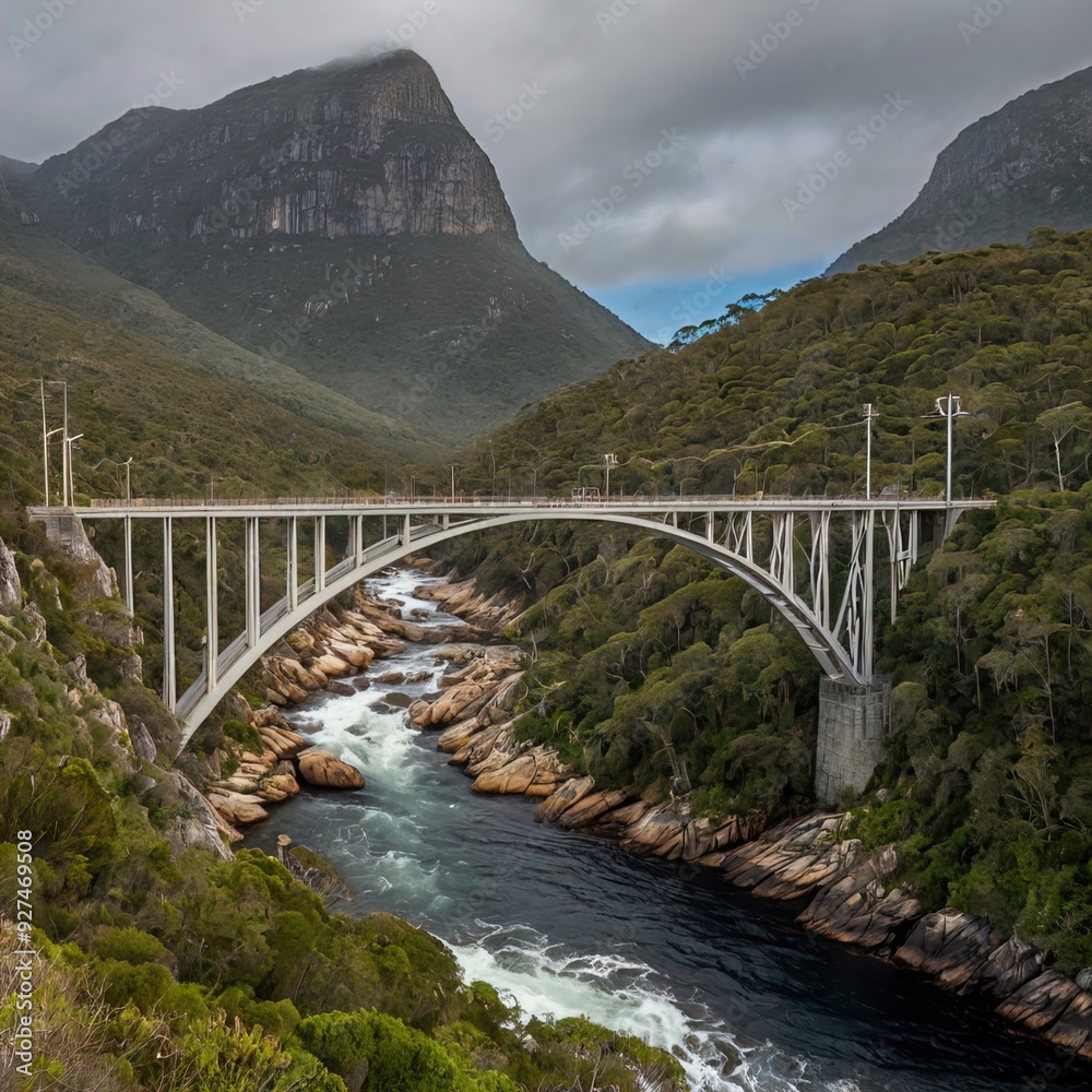 Picturesque bridge spanning the lush valley of Tsitsikamma National Park, South Africa. Discover the beauty of nature with this stunning view of the river flowing beneath the towering mountains. Picturesque bridge spanning the lush valley of Tsitsikamma National Park, South Africa. Discover the beauty of nature with this stunning view of the river flowing beneath the towering mountains.