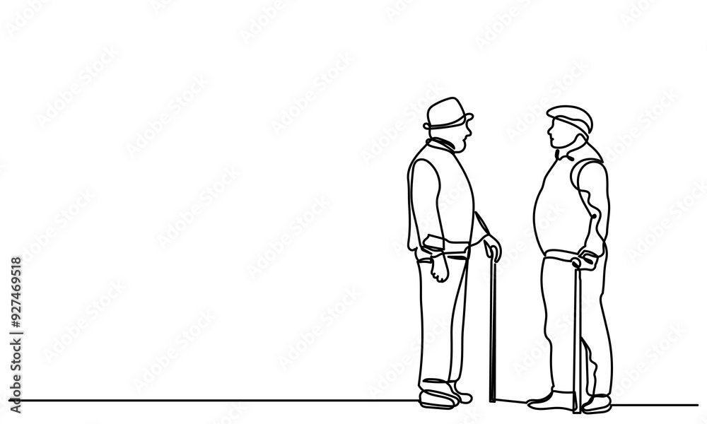 Continuous line drawing of Two senior friends walking and talking to each other with the cane.single-line art of an Elderly man grandfather or senior man isolated on a white background.
