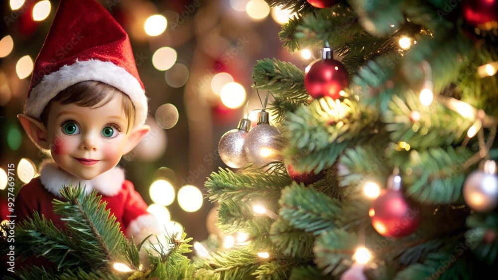 Festive Christmas tree with red, green, and silver ornaments, animated elf with Santa hat, warm blurred lights Festive Christmas tree with red, green, and silver ornaments, animated elf with Santa hat, warm blurred lights