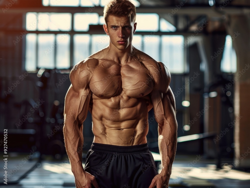 A muscular man poses confidently in a gym during evening hours, showcasing his physique and strength A muscular man poses confidently in a gym during evening hours, showcasing his physique and strength