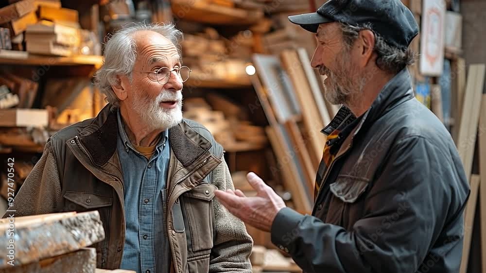 elderly and ageing kind Caucasian carpenter discussing plans and orders with a male client while building do-it-yourself wooden furniture elderly and ageing kind Caucasian carpenter discussing plans and orders with a male client while building do-it-yourself wooden furniture