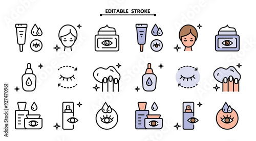 Eye Cream color icons set. Editable stroke. Skin care flat symbols collection. Creative Eye Cream. Vector isolated drawing