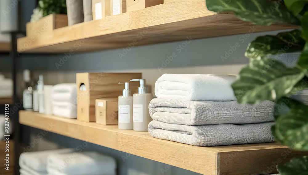 Stylish bathroom shelf organized with spa essentials, clean towels, and natural decor for a relaxing atmosphere. Stylish bathroom shelf organized with spa essentials, clean towels, and natural decor for a relaxing atmosphere.