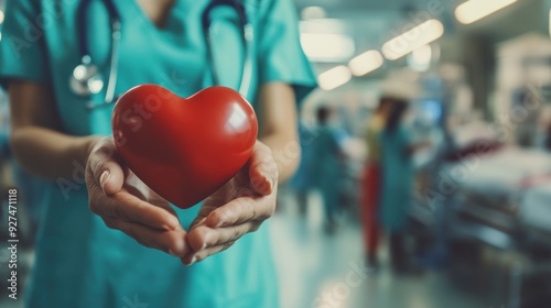 Doctor Holding a Red Heart Shape in Hospital