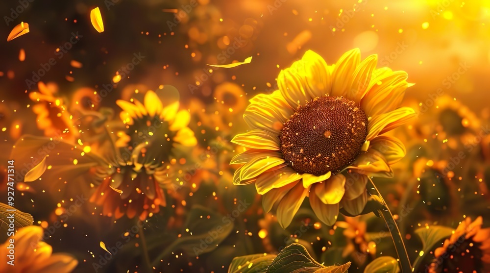 Golden Sunflowers with Warm Glow and Falling Petals Golden Sunflowers with Warm Glow and Falling Petals
