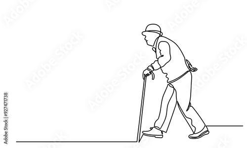 Continuous line drawing of senior man walking with a cane.single-line art of an Elderly man grandfather or senior man isolated on a white background. 
