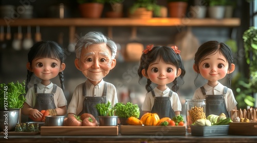 Family Business Blooms: A heartwarming portrait of a multi-generational family, beaming with pride in front of their charming flower shop, rendered in a whimsical, storybook style. 