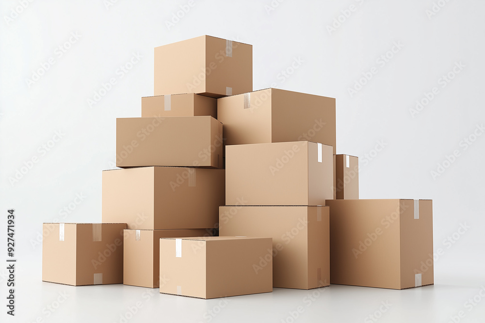Stacked cardboard boxes for packaging, white background, no shadows, no reflections, no lighting effects, product photography, high resolution Stacked cardboard boxes for packaging, white background, no shadows, no reflections, no lighting effects, product photography, high resolution