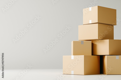 Stacked cardboard boxes for packaging, white background, no shadows, no reflections, no lighting effects, product photography, high resolution