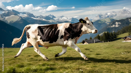 Running Cow in Alpine Meadow, Black and White Cow on Mountain Pasture,Free-Roaming Cow in Swiss Alps photo