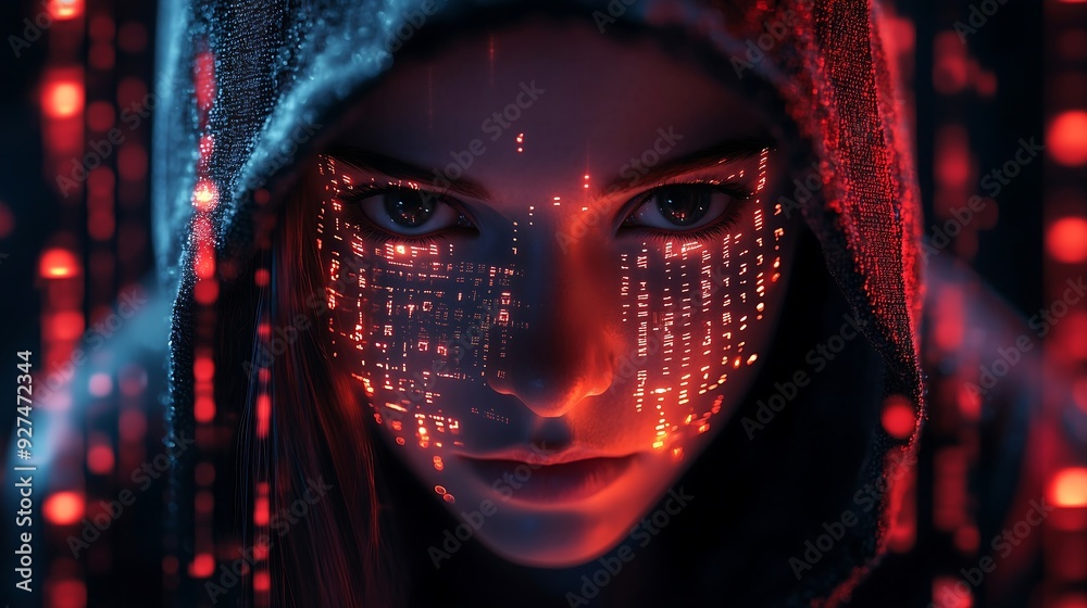 A hacker in the hood with a dark background and cyberpunk digital code ...