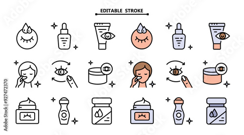 Eye Cream color icons set. Editable stroke. Skin care flat symbols collection. Creative Eye Cream. Vector isolated drawing