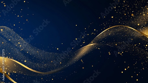 Minimalistic abstract technology background with flowing gold particles on navy.