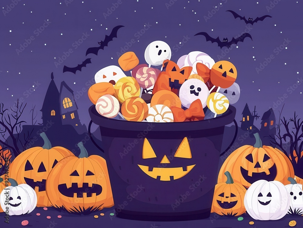 Halloween candy bucket, overfilled with sweets, spooky night backdrop, flat design illustration Halloween candy bucket, overfilled with sweets, spooky night backdrop, flat design illustration