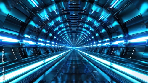 Futuristic Tunnel with Blue Neon Lights