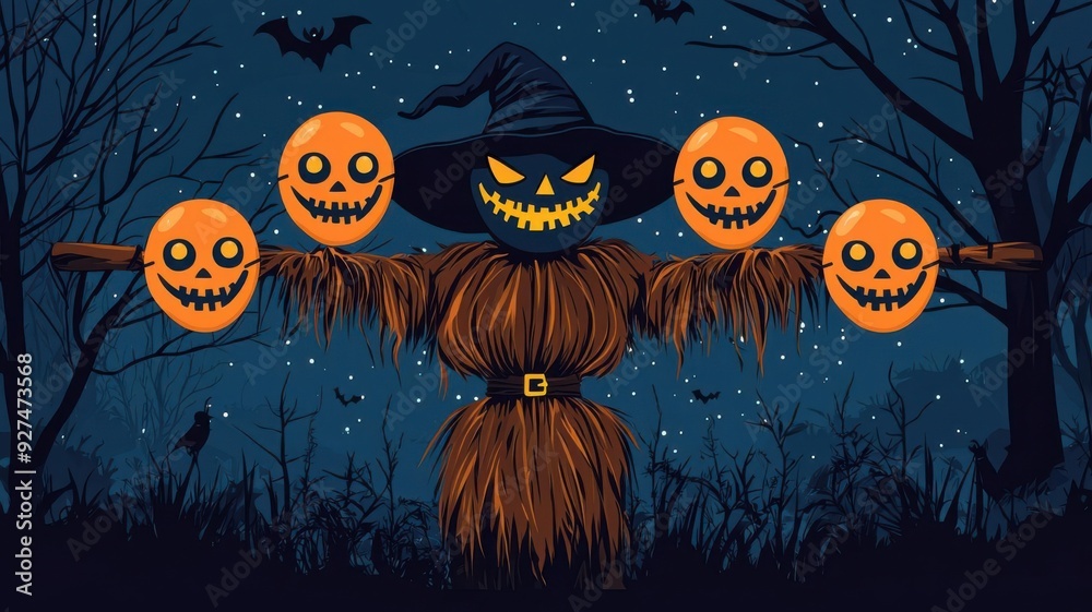 Fototapeta premium Halloween masks on a spooky scarecrow, dark night setting, flat design illustration