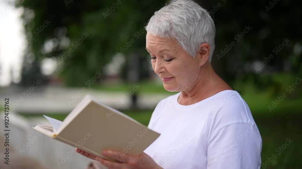 Closeup of calm elderly woman finding peace and wisdom in retirement as reads in tranquil park, surrounded by nature on summer day. Senior female with short gray hair enjoying free time in retirement Closeup of calm elderly woman finding peace and wisdom in retirement as reads in tranquil park, surrounded by nature on summer day. Senior female with short gray hair enjoying free time in retirement