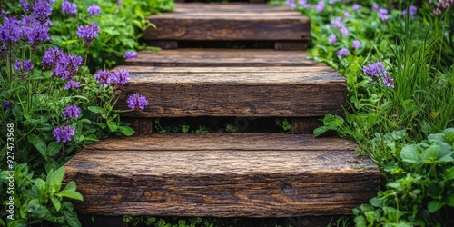 Serene Garden Pathway with Wooden Steps and Flowers photo