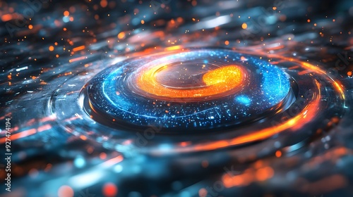 Vivid Swirling Plasma Vortex of Radiant Cosmic Energy and Glowing Particles in Dynamic Futuristic Techno Universe photo