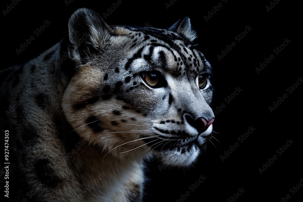 Obraz premium Photo of a snow leopard isolated against a black background, emphasising the snow leopard's majestic features. Wildlife and conservation concept, space for copy.