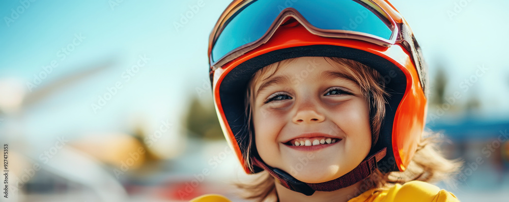 Close-up of a happy child wearing an orange helmet and smiling, enjoying outdoor activities on a sunny day.