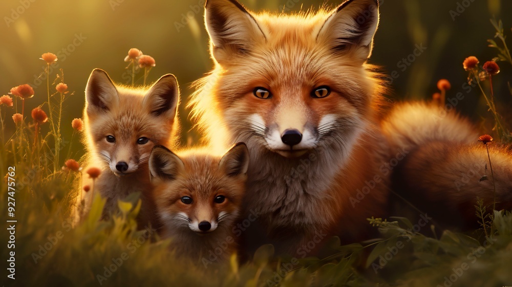Fototapeta premium A photo of a family of foxes