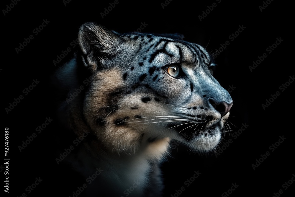 Obraz premium Photo of a snow leopard isolated against a black background, emphasising the snow leopard's majestic features. Wildlife and conservation concept, space for copy.