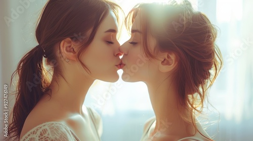 An intimate snapshot depicts two women sharing a passionate kiss, representing same-sex love and powerful emotions.