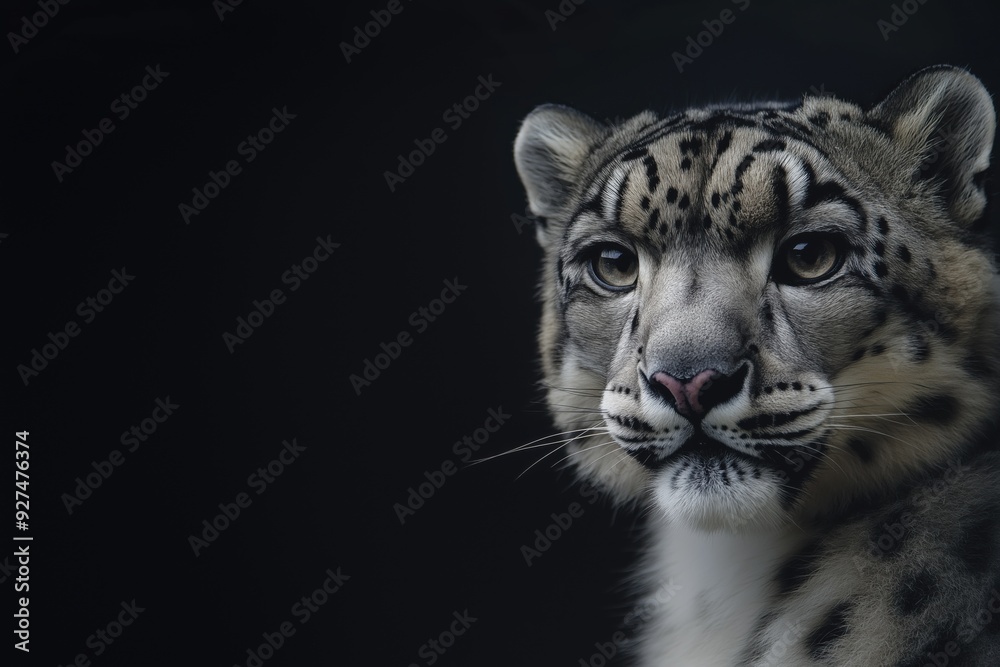 Obraz premium Photo of a snow leopard isolated against a black background, emphasising the snow leopard's majestic features. Wildlife and conservation concept, space for copy.