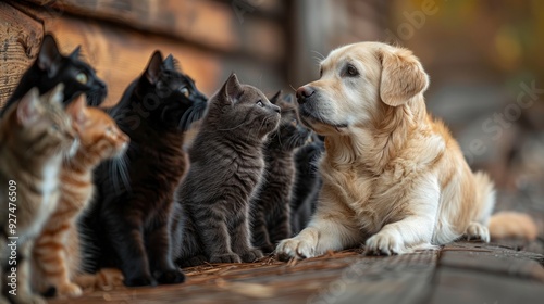Wallpaper Mural A friendly photoshoot of an adult dog and young cats against a provincial house backdrop displaying a lovely scene of household pets together. Torontodigital.ca