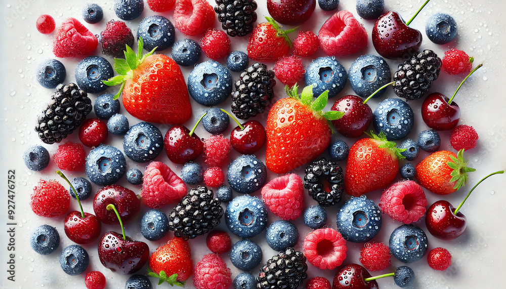 Fototapeta premium A mix of different fresh berries, including strawberries, blueberries, raspberries, blackberries, and cherries