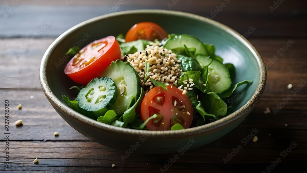 A plate of fresh tomato, cucumber, onion, spinach, lettuce, and sesame seeds contains a nutritious vegetable salad. menu for diet. top view. A plate of fresh tomato, cucumber, onion, spinach, lettuce, and sesame seeds contains a nutritious vegetable salad. menu for diet. top view.