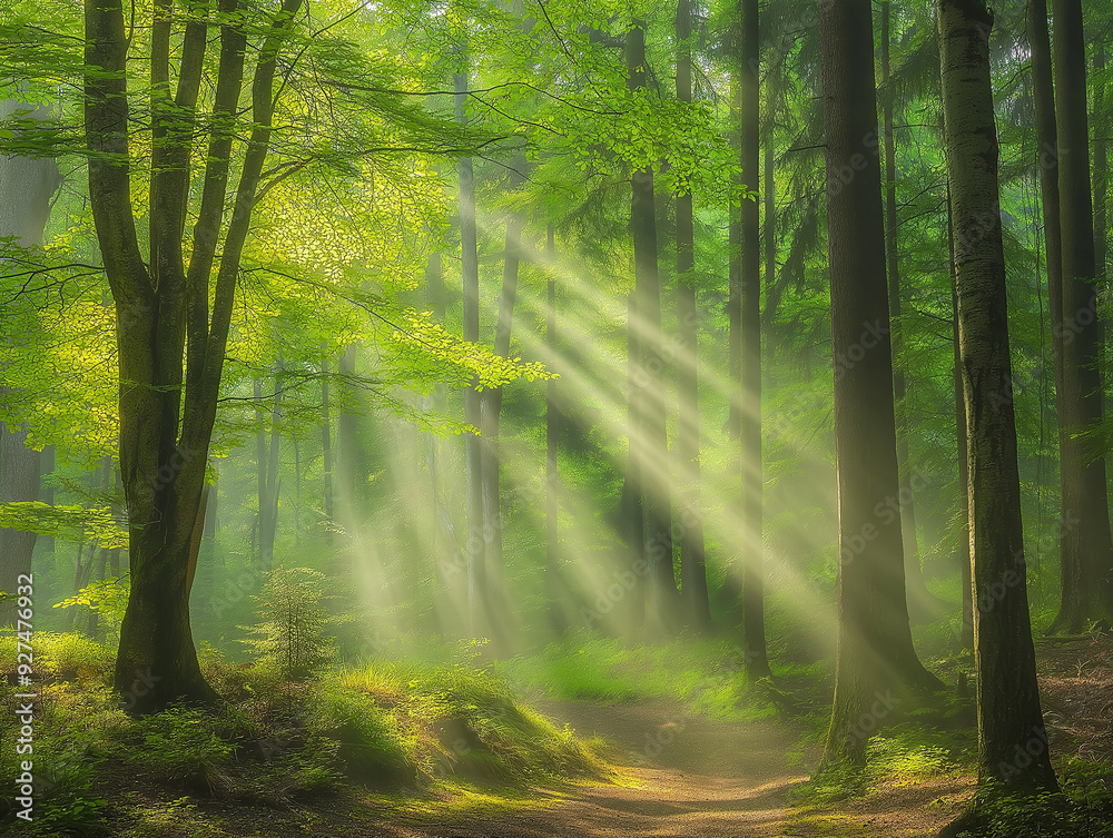Fototapeta premium Sunlight Filtering Through Green Forest