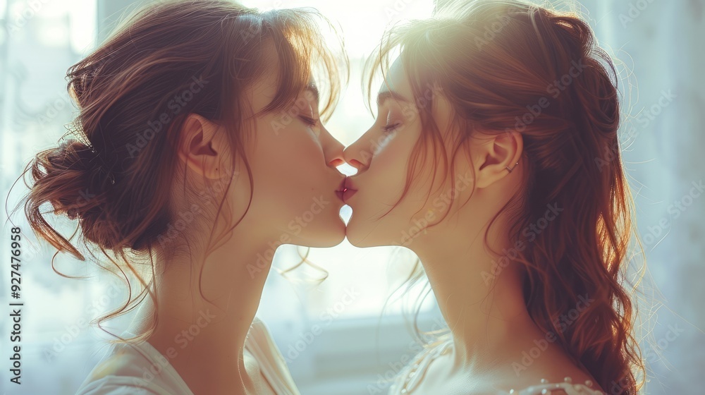 A passionate snapshot of two women kissing, embodying the essence of same-sex love and intense emotions. A passionate snapshot of two women kissing, embodying the essence of same-sex love and intense emotions.