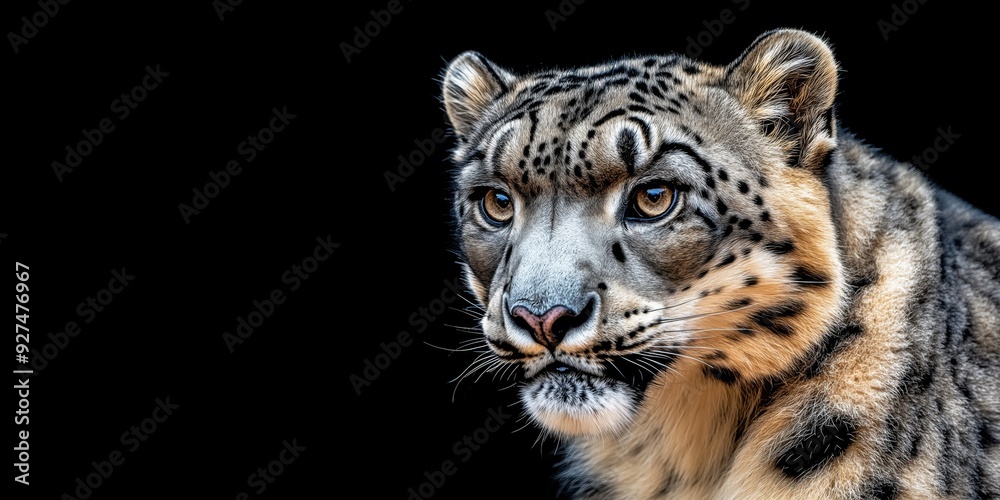 Fototapeta premium Photo of a snow leopard isolated against a black background, emphasising the snow leopard's majestic features. Wildlife and conservation concept, space for copy.