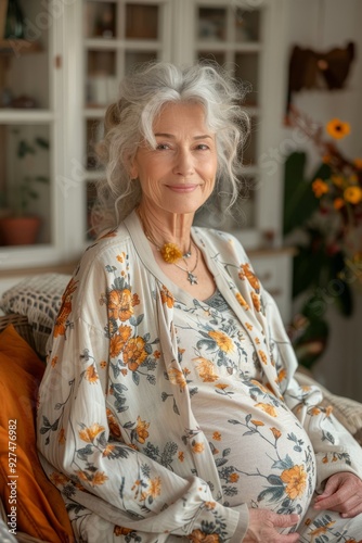 An elated 60-year-old woman, glowing with the joy of her late pregnancy, embodies the anticipation of elder motherhood.