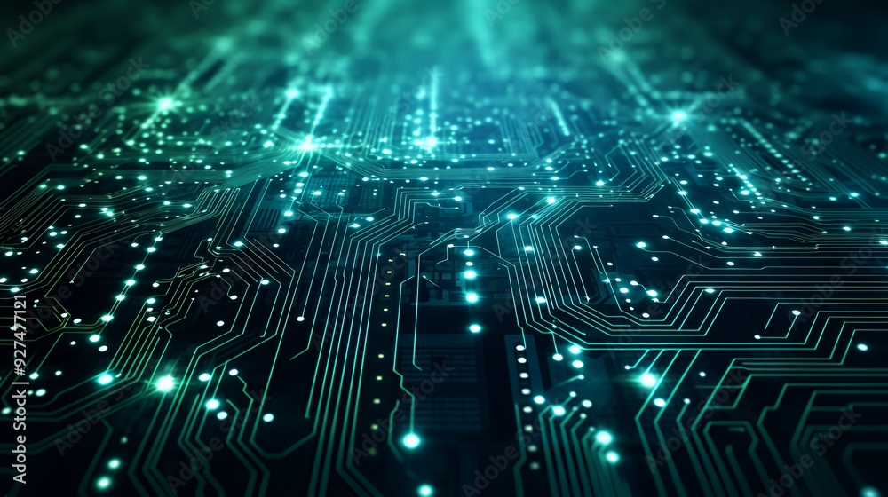 A close up of a circuit board with glowing green lines and dots. A close up of a circuit board with glowing green lines and dots.
