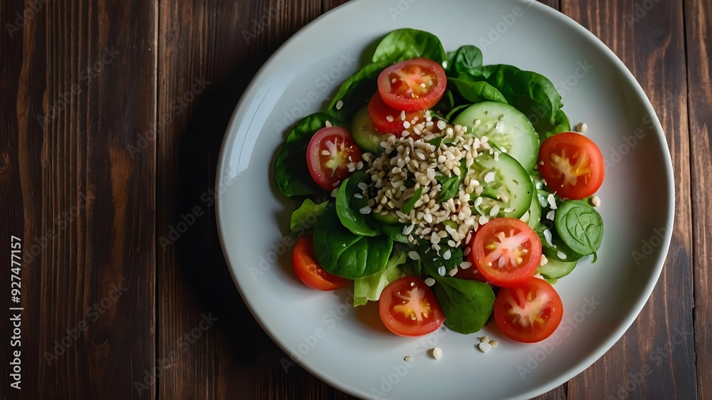 A plate of fresh tomato, cucumber, onion, spinach, lettuce, and sesame seeds contains a nutritious vegetable salad. menu for diet. top view. A plate of fresh tomato, cucumber, onion, spinach, lettuce, and sesame seeds contains a nutritious vegetable salad. menu for diet. top view.