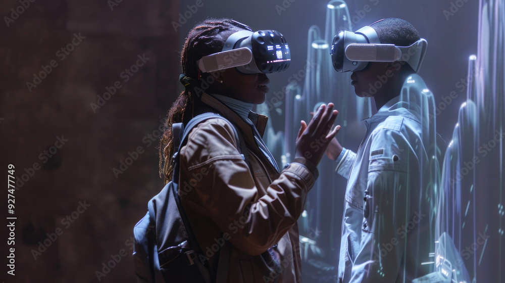 Fototapeta premium Two people explore virtual reality experiences while interacting with digital art in an indoor exhibit