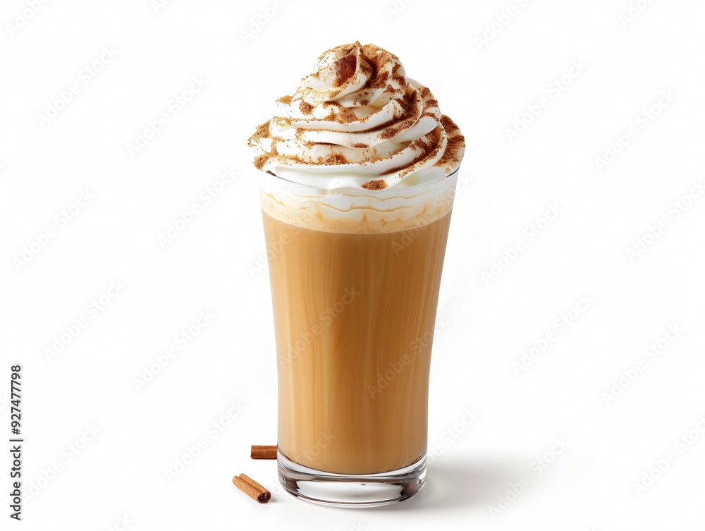 Single Glass of Pumpkin Spice Latte with Whipped Cream and Cinnamon on White Background Single Glass of Pumpkin Spice Latte with Whipped Cream and Cinnamon on White Background