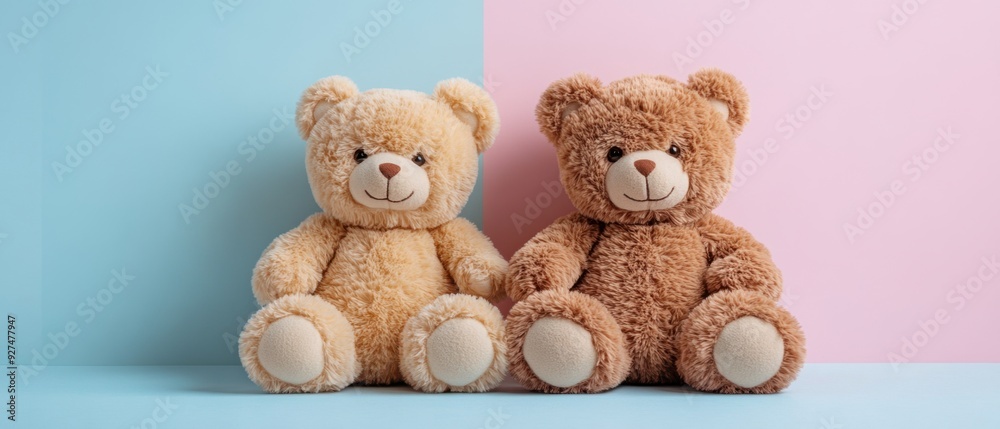 Two Adorable Teddy Bears Sitting Side by Side on a Pastel Blue and Pink Background Two Adorable Teddy Bears Sitting Side by Side on a Pastel Blue and Pink Background
