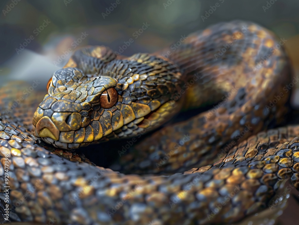 Realistic Close-Up of a Creepy Coiled Snake on Surface Realistic Close-Up of a Creepy Coiled Snake on Surface
