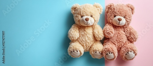 Two Adorable Teddy Bears on Split Blue and Pink Background - Cute Plush Toys for Kids and Collectors