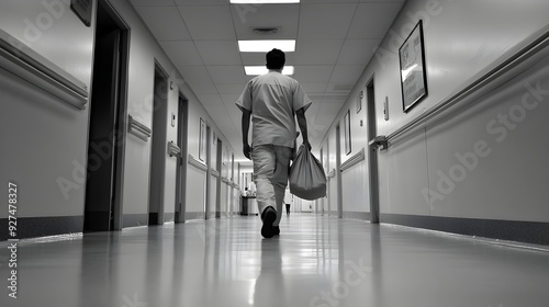 Solitary Figure Walks Down Empty Institutional Hallway in Monochrome Tones