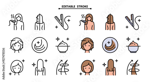 Hair straightener icons set for hair care treatment and beauty or woman salon. Editable stroke. Hair straightener appliance for female haircut straightening and haircare cosmetic treatment symbols
