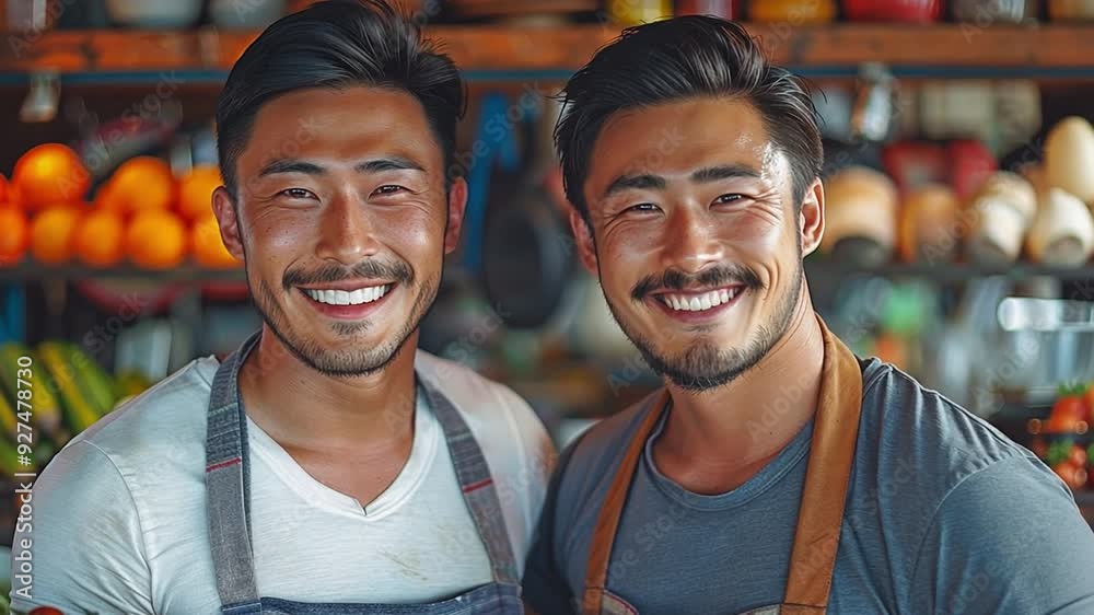 Two attractive Asian males, both wearing casual attire and an apron, are cooking together in their home's kitchen while grinning broadly. Two attractive Asian males, both wearing casual attire and an apron, are cooking together in their home's kitchen while grinning broadly.