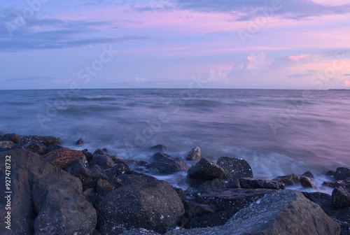 landscape of sea on sunset at tilted pole beach in Thailand 