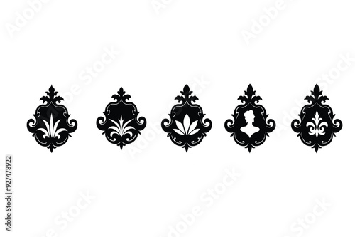 Elegant black and white ornate silhouettes featuring baroque floral motifs, damask patterns, and vintage embellishments set